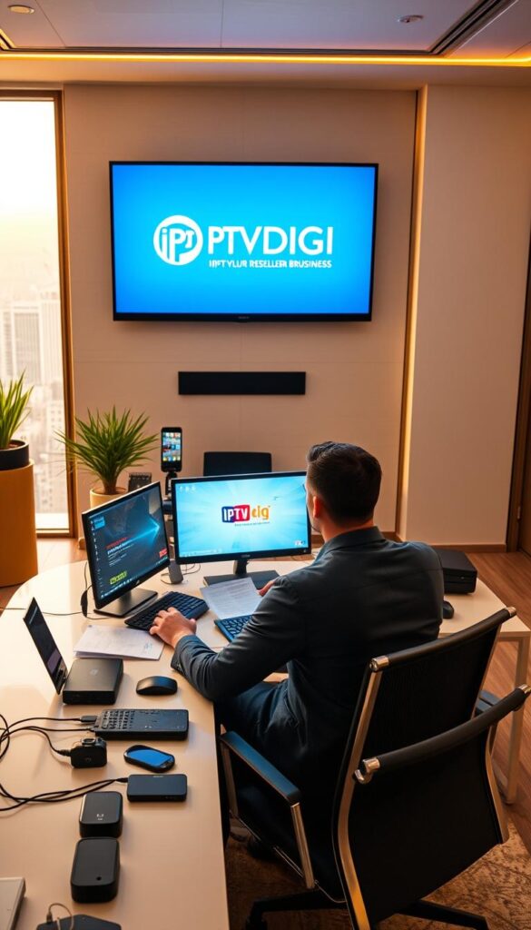 A sleek, modern office workspace with a large monitor displaying the IPTVDIGI logo. In the foreground, a professional-looking person sits at a desk, surrounded by various electronic devices and paperwork, deeply engrossed in their work. The lighting is warm and inviting, casting a soft glow over the scene. The middle ground features a stylish, minimalist decor, with subtle hints of the IPTV reseller business, such as networking cables or a satellite dish visible through a window. The background showcases a cityscape, hinting at the global reach and potential of the IPTVDIGI reseller program. The overall atmosphere conveys a sense of productivity, professionalism, and the promise of a lucrative venture.