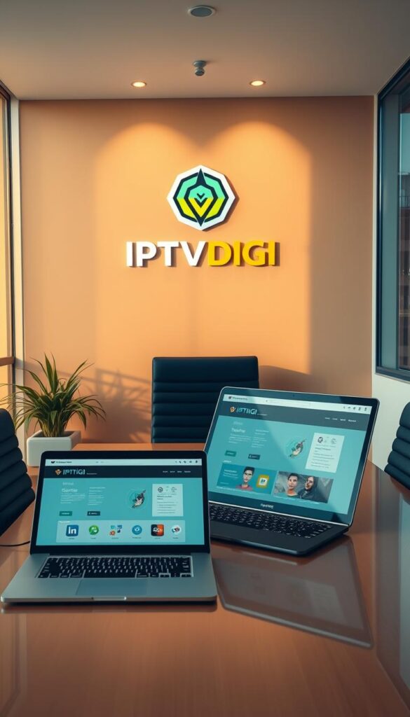 A sleek, modern office workspace with a prominently displayed IPTVDIGI logo on the wall. The room is bathed in warm, natural lighting from large windows, creating a welcoming and professional atmosphere. On the desk, a laptop and tablet showcase the IPTVDIGI platform, highlighting its user-friendly interface and intuitive features. The space exudes a sense of technological innovation and reliability, reflecting IPTVDIGI's position as the best reseller IPTV service. The overall composition conveys a sense of authority, expertise, and the company's commitment to providing exceptional service to its customers.