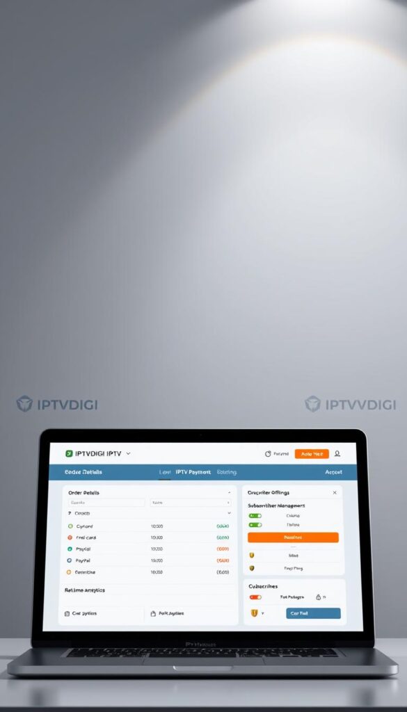 A sleek, modern payment processing interface for IPTV resellers, showcasing the IPTVDIGI brand. The scene depicts a laptop or tablet display with a clean, minimalistic UI design. The foreground features a secure payment gateway, order details, and options to accept various payment methods like credit cards, PayPal, and cryptocurrency. The middle ground showcases IPTV package offerings, subscriber management tools, and real-time analytics. The background has a subdued, professional tone with muted colors and subtle branding elements, conveying trust and reliability. Soft, directional lighting illuminates the display, creating depth and a sense of three-dimensionality. The overall impression is that of a powerful, yet user-friendly IPTV reseller payment processing solution.