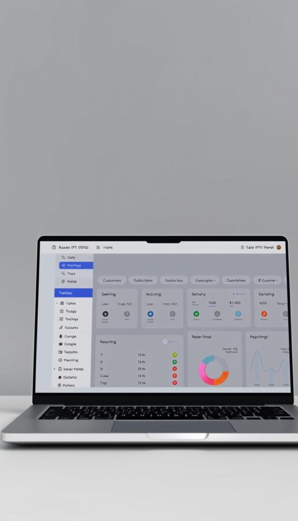 A sleek, modern reseller panel interface for the IPTVDIGI service, displayed on a laptop screen against a minimalist, gray background. The panel features a clean, intuitive layout with sharp, high-contrast typography and icons. Prominent sections include customer management, subscription plans, and reporting dashboards. The overall impression is one of professionalism, efficiency, and technological sophistication, reflecting the advanced capabilities of the IPTVDIGI platform.