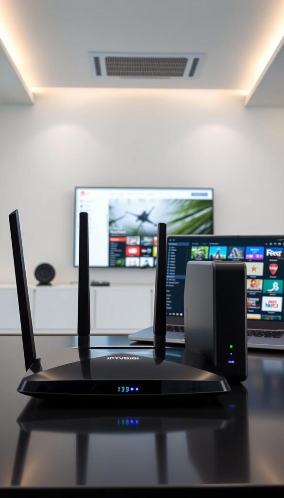 A sleek, modern setup showcasing the IPTVDIGI brand's premium IPTV reseller offerings. In the foreground, a glossy black router and modem stand ready, their LED indicators glowing softly. Beside them, a state-of-the-art laptop displays the IPTVDIGI dashboard, showcasing the reseller's comprehensive channel lineup and customizable package options. In the middle ground, a high-resolution TV screen presents a crystal-clear image, immersing the viewer in the IPTV experience. The background features a minimalist office setting, with clean white walls and subtle lighting that enhances the professional, sophisticated atmosphere. The overall scene conveys the ease, reliability, and premium quality of the IPTVDIGI reseller setup, inspiring confidence in the viewer.