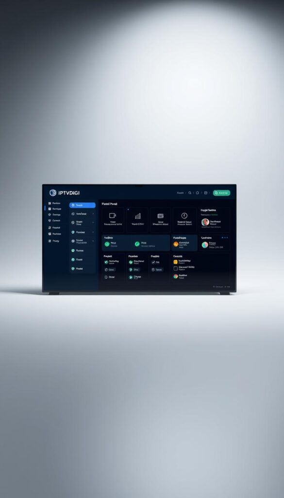 A sleek, modern software interface for an IPTV server reseller panel, showcasing the IPTVDIGI brand. The panel occupies the central focus, with a clean and intuitive layout of various management tools and settings. The background features a subtle gradient, conveying a sense of professionalism and technological sophistication. Soft lighting illuminates the panel, creating depth and highlighting the key features. The overall composition emphasizes the panel's functionality and user-friendly design, aligning with the subject of the article section.
