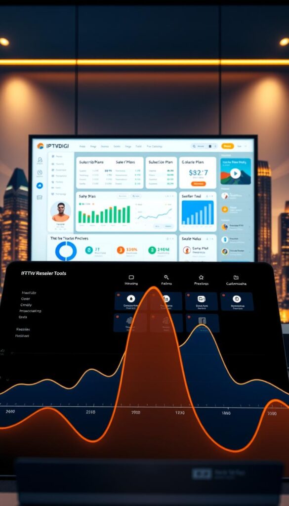 A sleek, modern software interface showcasing the IPTVDIGI platform, with a clean dashboard displaying user metrics, subscription plans, and reseller tools. In the foreground, a sophisticated graph visualizes sales data and revenue streams. The middle ground features intuitive navigation menus and customization options, all bathed in a warm, sophisticated lighting. The background depicts a stylized cityscape, symbolizing the global reach and connectivity of the IPTV reseller business. The overall mood conveys professionalism, efficiency, and the cutting edge of the IPTV industry.