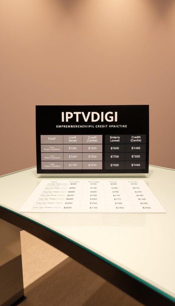 A sleek, modern table display showcasing the comprehensive IPTVDIGI credit pricing structure. The foreground features a glass tabletop with a minimalist black and white color scheme, highlighting the various credit packages and their corresponding prices. The middle ground includes clean, sans-serif typography detailing the credit tiers, from small to enterprise-level, along with their respective costs per credit. The background has a subtle gradient, creating a sense of depth and professionalism. Soft, directional lighting casts a warm glow, conveying a premium, high-quality atmosphere befitting the IPTVDIGI brand.