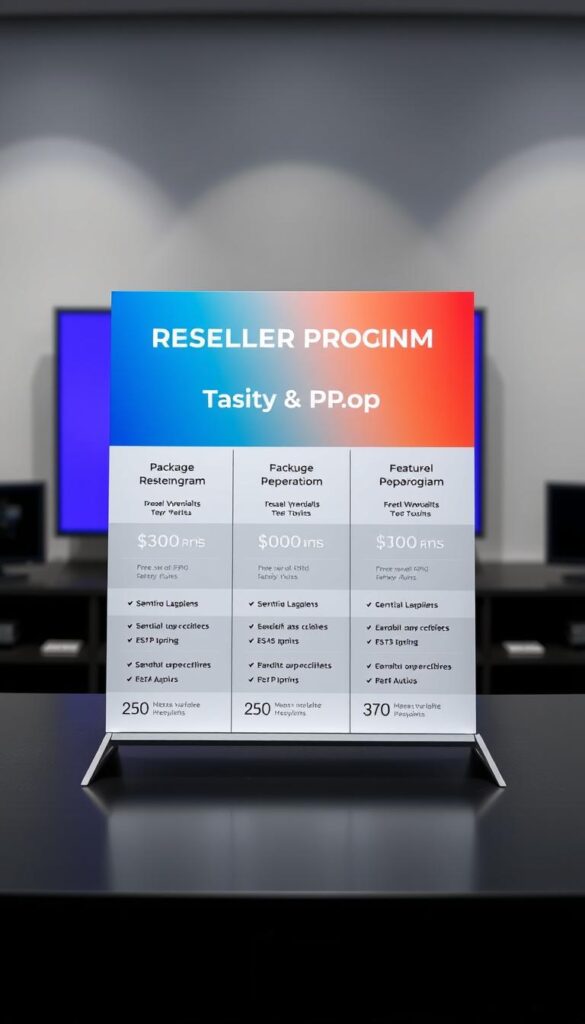 A sleek, modern table-top display showcasing the IPTVDIGI Reseller Program pricing tiers. The foreground features a clean, minimalist design with crisp, well-aligned columns outlining the package options, features, and costs. The middle ground has a subtle gradient background in complementary brand colors, adding depth and elegance. The lighting is soft and even, highlighting the clear typography and design elements. The overall mood is professional, informative, and visually appealing, drawing the viewer's attention to the key details of the IPTVDIGI reseller offering.