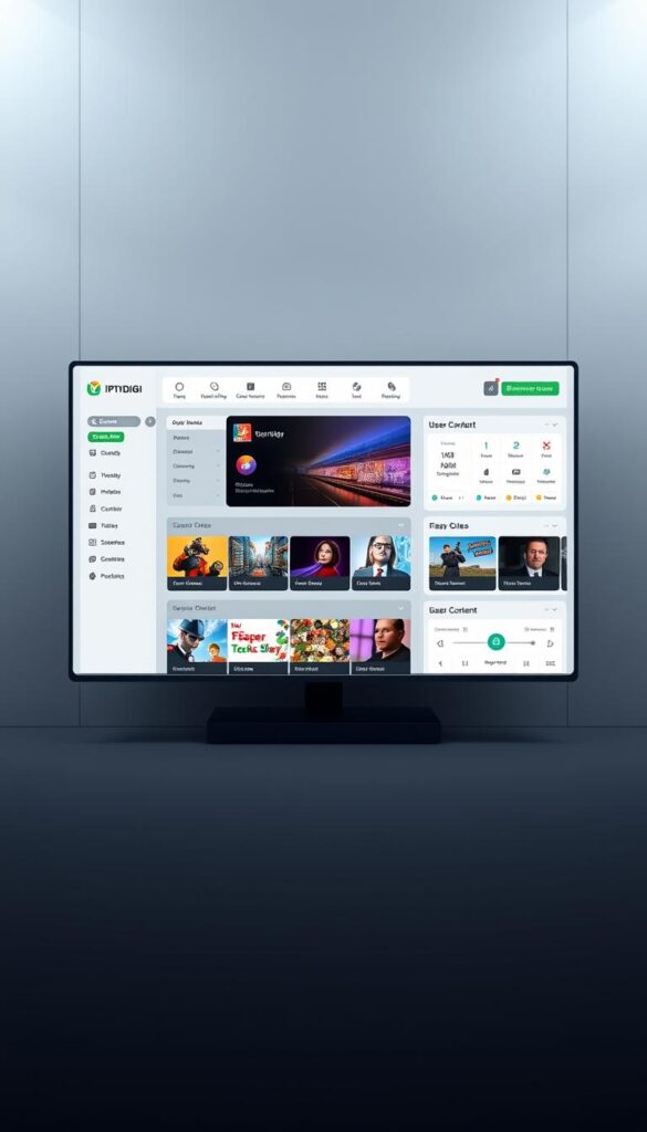 A sleek, modern user interface for an IPTV reseller panel, featuring the IPTVDIGI brand prominently displayed. The panel is set against a muted, professional backdrop, with clean lines and a minimalist design. The foreground showcases a well-organized dashboard, showcasing key metrics and user management tools. The middle ground features customizable content tiles, allowing the reseller to personalize the experience. The background subtly suggests the secure and reliable nature of the platform, with subtle textures and a sophisticated color palette.