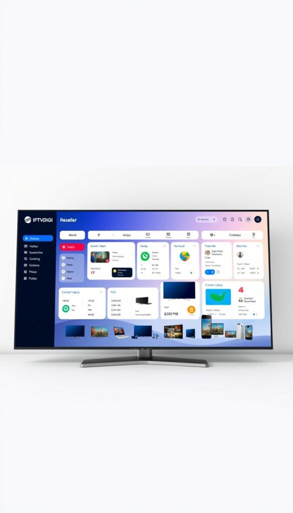A sleek, modern user interface of the IPTVDIGI reseller panel is displayed on a large, high-resolution monitor. The panel features a clean, minimalist design with intuitive navigation and clear analytics dashboards. The foreground showcases the panel's key features, such as subscriber management, content library, and billing tools, all presented in a visually appealing and efficient manner. The middle ground depicts various devices, such as smart TVs and mobile phones, highlighting the panel's compatibility and cross-platform accessibility. The background features a subtle, gradient-based color scheme that enhances the overall aesthetic and conveys a sense of professionalism and technological sophistication. The image is captured in a well-lit, studio-like setting, with a soft, directional lighting that accentuates the panel's sleek design and user-friendly interface.