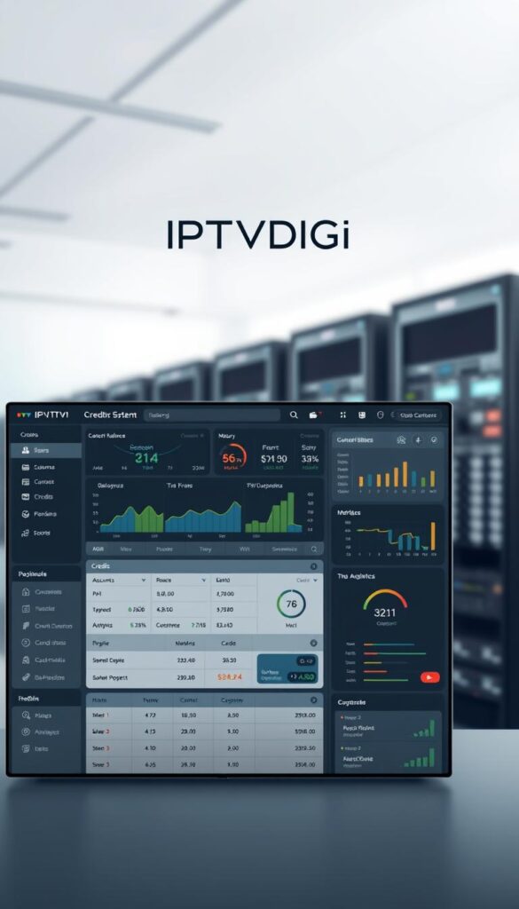 A sleek, modern user interface showcasing an IPTV reseller credit system dashboard. In the foreground, a clean grid layout displays customer accounts, credit balances, and purchase history, all rendered in a minimalist aesthetic with muted tones and subtle gradients. The middle ground features customizable widgets tracking sales metrics, subscription analytics, and real-time credit transactions, presented against a blurred background of network diagrams and server racks. In the background, the IPTVDIGI logo stands prominently, conveying a sense of professionalism and reliability. Soft, directional lighting from the top creates depth and highlights the intuitive design, creating an overall impression of a powerful, yet user-friendly IPTV reseller management system.
