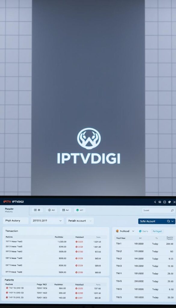 A sleek, modern user interface showcasing the IPTVDIGI Reseller Credit System. In the foreground, a clean dashboard displays detailed transaction history, reseller account balance, and intuitive credit management tools. The middle ground features a stylized IPTVDIGI logo, conveying the brand's professional and trustworthy identity. In the background, a subtle grid pattern and soft, muted colors create a sense of organization and digital sophistication. Crisp lighting and a slightly elevated camera angle give the scene an air of authority and reliability, befitting a reliable IPTV reseller platform.