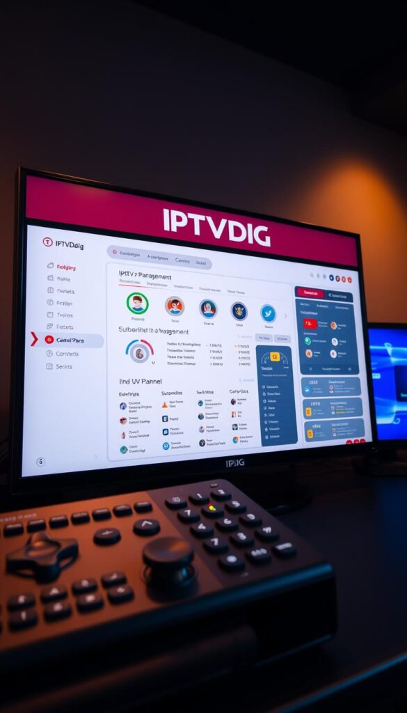 A sleek, modern user interface showcasing the IPTVDIGI brand, displaying a comprehensive dashboard for managing an IPTV reseller platform. The screen is illuminated by warm, diffused lighting, creating a professional and inviting atmosphere. In the foreground, a selection of intuitive controls and customizable options allow the user to effortlessly navigate and configure the reseller platform. The middle ground features detailed analytics, subscription management, and channel listings, presented in a clean and organized manner. The background subtly accentuates the platform's capabilities, hinting at advanced features and integration capabilities. The overall scene conveys a sense of efficiency, flexibility, and empowerment for IPTV resellers.
