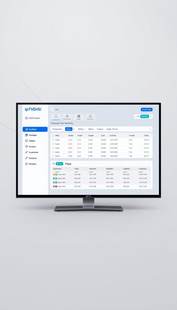 A sleek, modern user interface showcasing the IPTVDIGI credit system for IPTV resellers. The screen displays a clean dashboard with intuitive controls, allowing resellers to manage their accounts, track sales, and monitor customer activity. The layout features a minimalist design with crisp typography, elegant icons, and a color palette of blues and grays that exudes professionalism. In the foreground, a reseller's account details are prominently displayed, including their current credit balance, recent transactions, and options to top up their account. The middle ground depicts a table of customer data, including their subscription status and active services. The background subtly suggests a sophisticated backend infrastructure, with subtle grid lines and abstract geometric patterns hinting at the system's robust capabilities. The overall impression is one of a powerful, yet user-friendly IPTV reseller management tool.
