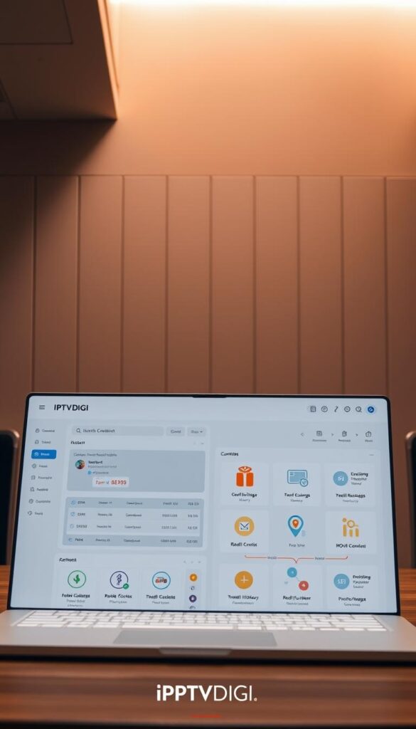 A sleek, modern user interface showcasing the IPTVDIGI reseller credit system. In the foreground, a clean dashboard displays account balances, transaction history, and credit management tools. The middle ground features stylized icons and infographics illustrating the credit recharge and reseller commission flows. In the background, a minimalist grid layout suggests the secure, scalable infrastructure powering the system. Warm lighting and muted tones create a professional, trustworthy atmosphere. The IPTVDIGI branding is prominently displayed, conveying the reliability and expertise of the platform.