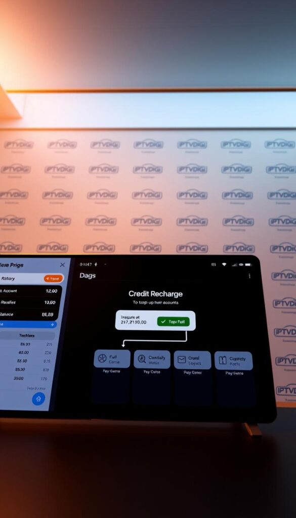 A sleek, modern user interface showcasing the IPTVDIGI reseller credit system. In the foreground, a stylized dashboard displays transaction history, account balance, and resale metrics, all rendered in a clean, minimalist aesthetic. The middle ground features a credit recharge flow, allowing resellers to top up their accounts seamlessly. In the background, a subtle pattern of IPTVDIGI branding elements creates a cohesive visual identity. Warm lighting from above casts a professional, polished atmosphere, while a slightly low camera angle emphasizes the system's intuitive design and user-friendly experience.