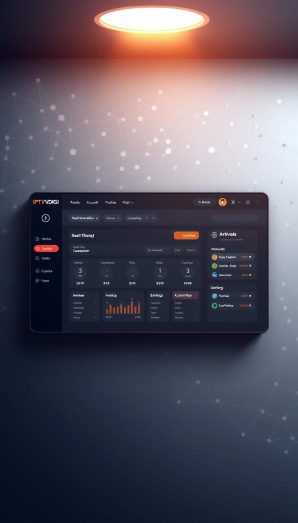 A sleek, modern user interface showcasing the IPTVDIGI reseller credit system. In the center, a dashboard displays real-time credit balance, transaction history, and account settings. Surrounding it, neatly organized widgets provide intuitive tools for managing subscriptions, generating invoices, and monitoring customer activity. The design is clean and minimalist, with subtle gradients, soft shadows, and muted tones that exude a sense of professionalism and reliability. In the background, a pattern of interconnected nodes and lines symbolizes the complex network powering the IPTVDIGI reseller platform. Subtle lighting from above casts a warm glow, creating a polished, high-tech atmosphere.