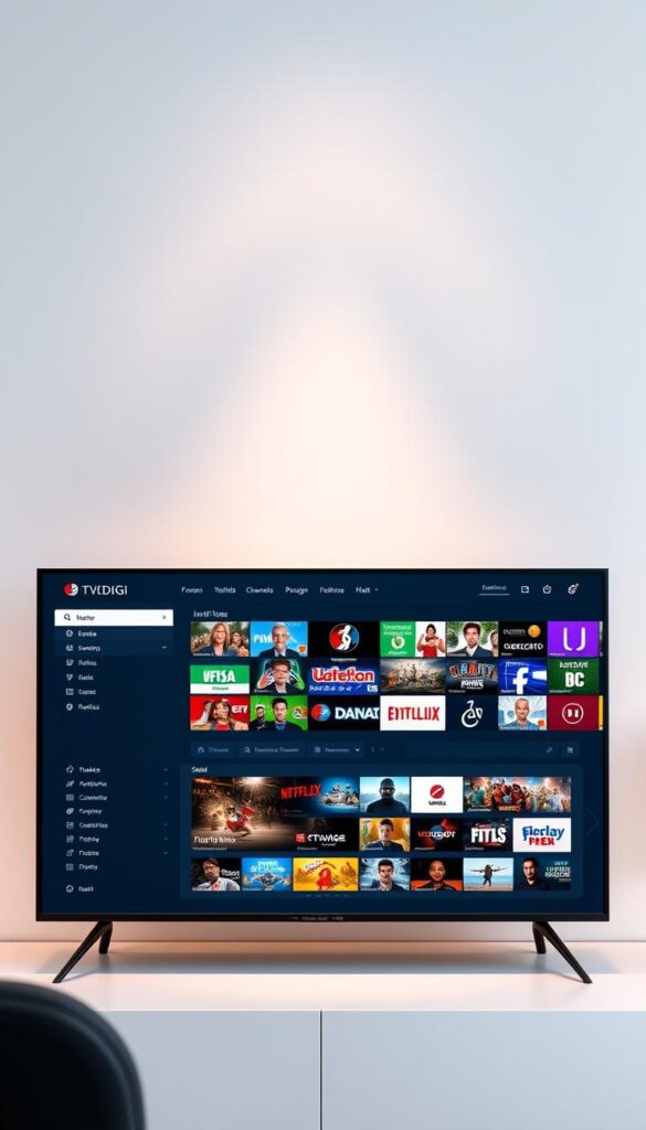 A sleek, modern user interface showcasing the IPTVDIGI reseller panel. In the foreground, a clean dashboard displays key metrics and tools for managing IPTV subscriptions. The middle ground features customizable branding options and intuitive navigation. In the background, a grid of live IPTV channels demonstrates the platform's comprehensive content library. Subtle lighting accentuates the panel's elegant design, conveying a professional and trustworthy IPTV reseller experience.