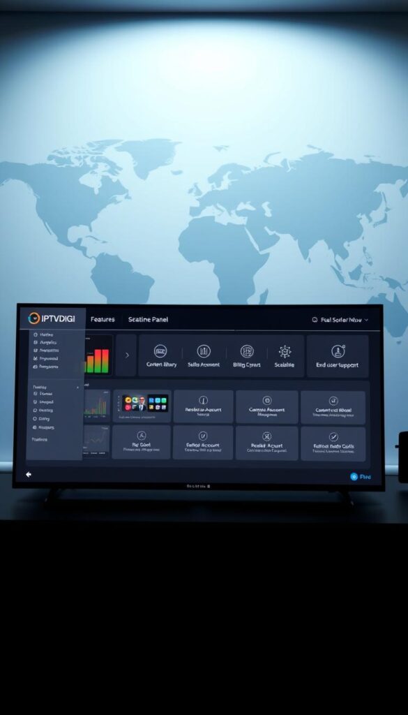 A sleek, modern user interface showcasing the key features of the IPTVDIGI reseller panel. In the foreground, a clean dashboard displays real-time analytics, subscription management, and billing options. The middle ground features intuitive navigation menus, highlighting content library management, reseller account creation, and end-user support tools. In the background, a stylized world map symbolizes the global reach and scalability of the IPTVDIGI platform, lit by a soft, diffused lighting that creates a professional, enterprise-grade atmosphere.
