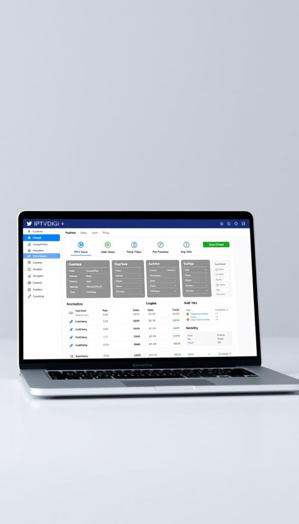 A sleek, modern web-based IPTV reseller panel interface with the IPTVDIGI logo prominently displayed. The panel is shown on a laptop or desktop computer screen, with a clean, minimalist design featuring intuitive navigation and user-friendly controls. The layout is well-organized, with clear sections for managing subscriptions, adding new users, and monitoring usage statistics. The overall impression is one of a professional, reliable, and user-centric IPTV reseller platform that can help streamline the management of an IPTV business.