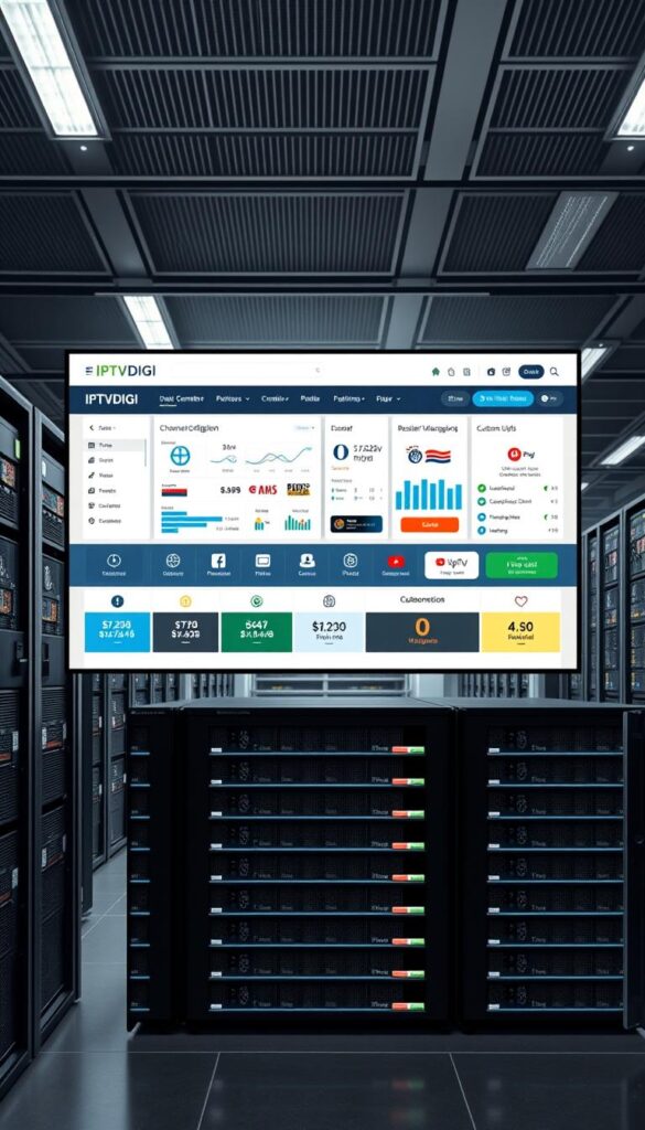 A sleek, modern web-based IPTV reseller panel with the IPTVDIGI branding prominently displayed. The panel features a clean, intuitive dashboard showcasing key metrics and customer management tools. In the foreground, a user-friendly interface allows for easy channel configuration, subscription management, and order processing. The middle ground depicts a range of customizable features such as reseller branding, custom URLs, and multi-language support. In the background, a sophisticated server infrastructure hums with activity, ensuring reliable service and seamless video streaming. The overall tone is professional, efficient, and tailored to the needs of IPTV resellers seeking to grow their businesses.