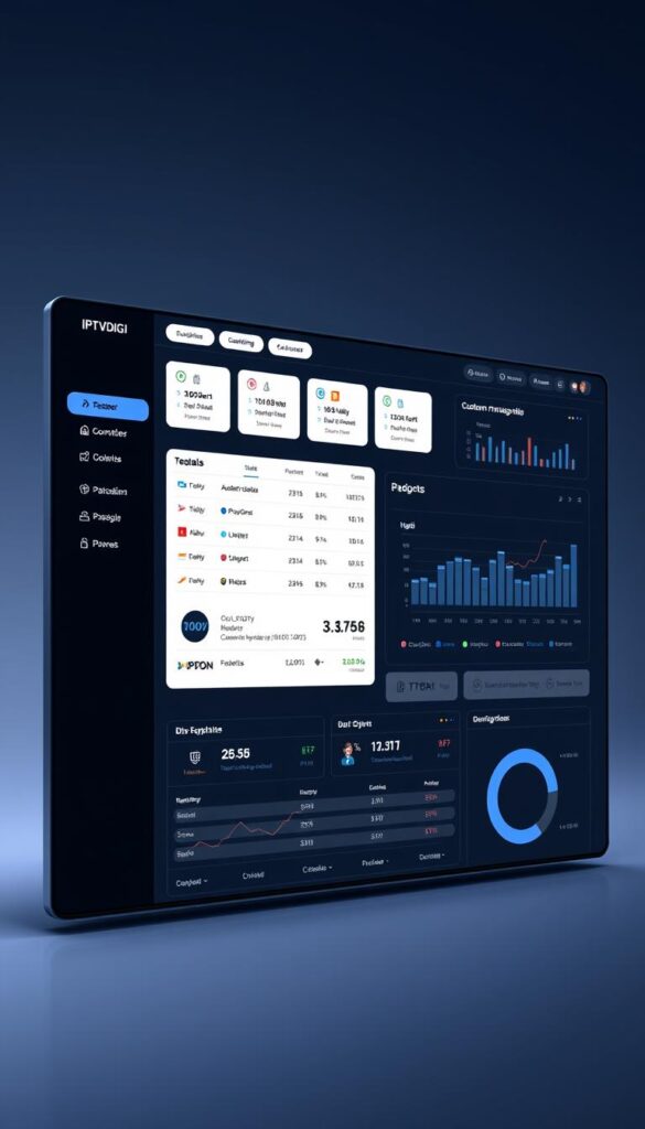 A sleek, modern web-based dashboard interface for the IPTVDIGI reseller platform. The interface features a clean, minimalist design with a dark color scheme and subtle accents. The main screen displays an overview of key metrics and performance data, with intuitive navigation panels on the left sidebar. The dashboard showcases real-time analytics, customer management tools, and comprehensive resale configuration options. Crisp, high-resolution graphics and a sophisticated, professional aesthetic convey the power and reliability of the IPTVDIGI reseller system. The layout is thoughtfully organized, with a focus on user-friendly functionality and seamless workflow. Subtle lighting effects and a sense of depth create an immersive, high-tech ambiance.
