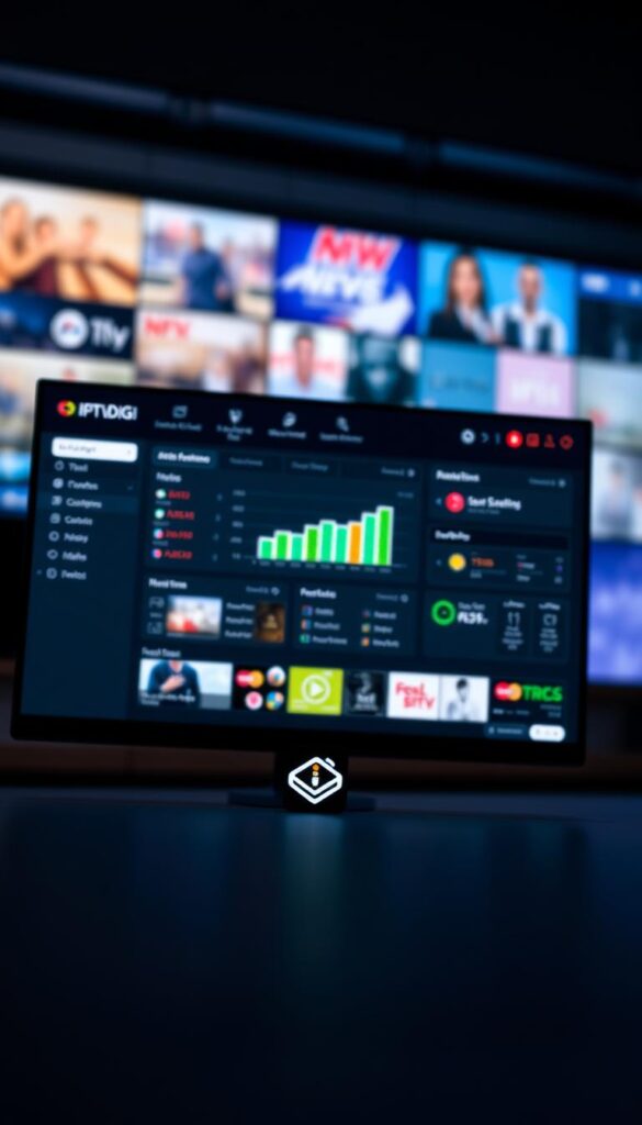 A sleek, modern web-based interface showcasing the IPTVDIGI reseller panel. The panel displays a comprehensive dashboard with real-time analytics, user management tools, and intuitive billing features. The foreground features a stylized IPTVDIGI logo against a blurred background of live IPTV content, conveying the panel's powerful media streaming capabilities. Subtle lighting accentuates the panel's intuitive layout and user-friendly design, creating a professional, enterprise-grade impression. The overall atmosphere exudes a sense of efficiency, reliability, and cutting-edge technology tailored for IPTV resellers to seamlessly manage their business.