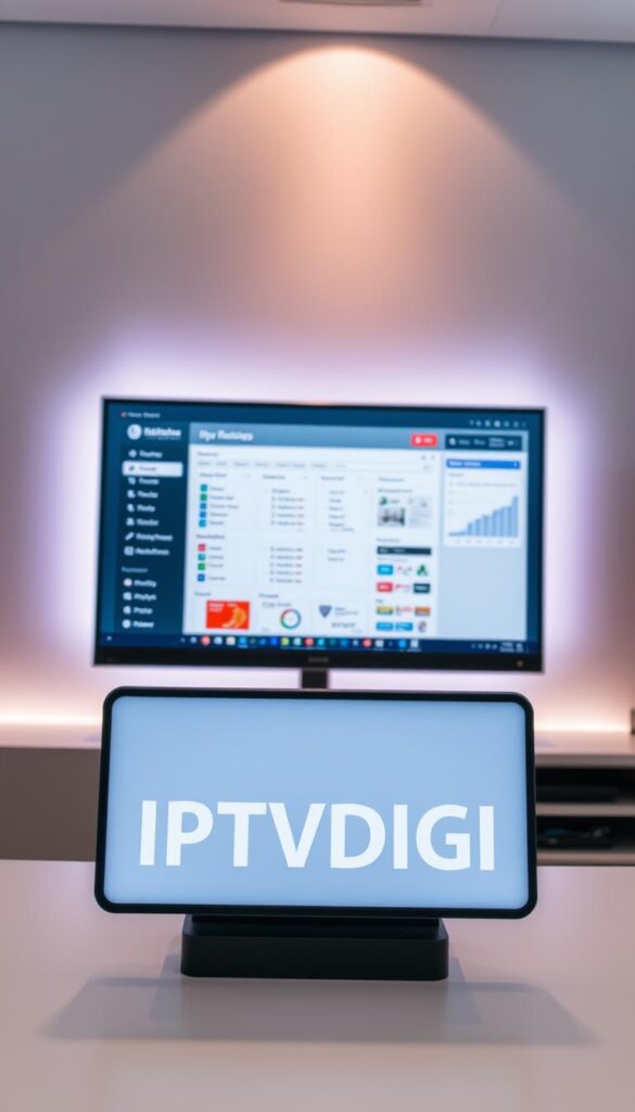 A sleek, modern web dashboard with a minimalist design. The IPTV Smarters Pro reseller panel is displayed on a large, high-resolution monitor, showcasing its intuitive user interface and comprehensive features. The panel is backlit with a soft, ambient glow, creating a professional and sophisticated atmosphere. In the foreground, a IPTVDIGI logo is prominently displayed, indicating the branding of the reseller platform. The background features a subtle gradient or pattern, adding depth and visual interest without distracting from the main focus. The entire scene is captured with a clean, well-lit, and slightly angled camera perspective, highlighting the elegance and functionality of the IPTV Smarters Pro reseller setup.