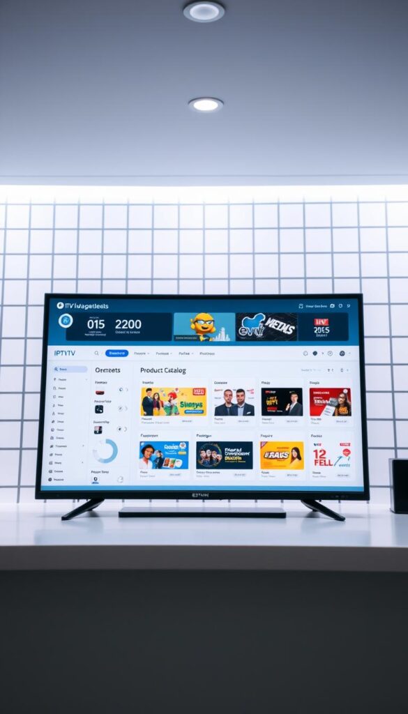 A sleek, modern web interface showcasing the IPTVDIGI IPTV reseller platform. In the foreground, a clean dashboard displays detailed subscriber and sales analytics, with intuitive controls for managing packages, pricing, and user accounts. The middle ground features a visually appealing product catalog, highlighting various IPTV channel bundles and add-ons. In the background, a subtle grid pattern suggests the platform's robust technical infrastructure, conveying a sense of reliability and professionalism. The lighting is crisp and evenly distributed, creating a bright, welcoming atmosphere. The camera angle is slightly elevated, providing an overview of the platform's key features and functionality.