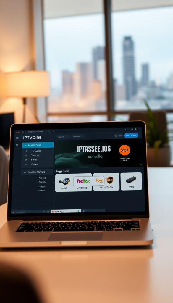 A sleek, modern web interface showcasing the IPTVDIGI reseller panel, displayed on a laptop in a minimalist office setting. Crisp, high-resolution graphics detail the panel's features and functionality, with a prominent "Free Trial" call-to-action button. Warm, diffused lighting creates a professional, inviting atmosphere, while a blurred cityscape visible through a window suggests a vibrant, urban backdrop. The overall impression conveys the ease and accessibility of IPTVDIGI's reseller platform, enticing potential users to explore the free trial opportunity.
