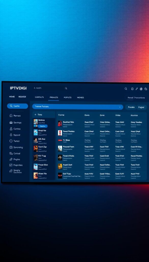 A sleek, modern web interface showcasing the IPTVDIGI reseller panel. The panel's layout is clean and intuitive, with a striking color scheme of deep blues and grays. In the center, a list of channel packages and VOD offerings is prominently displayed, each item detailed with title, genre, and description. The background features a subtle texture, conveying a sense of professionalism and sophistication. Soft, directional lighting from the top left casts a warm glow across the scene, creating depth and dimension. The overall impression is one of a comprehensive, user-friendly platform designed to empower IPTV resellers.