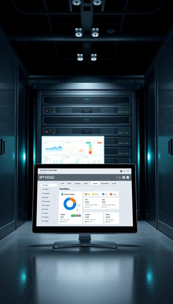 A sleek, modern web interface showcasing the IPTVDIGI reseller platform. In the foreground, a clean dashboard displays real-time analytics, customer management tools, and revenue tracking. The middle ground features intuitive navigation menus and customizable branding options. In the background, a minimalist server rack symbolizes the robust infrastructure powering the platform. Subtle lighting accentuates the professional, enterprise-grade aesthetics, conveying a sense of reliability and authority in the IPTV reselling space.