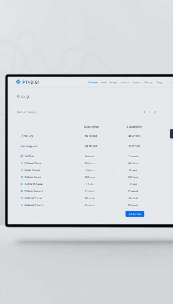 A sleek, modern web interface showcasing the pricing structure of the IPTVDIGI reseller panel. In the foreground, a clean, minimalist table displays various subscription plans and their corresponding prices, with clear delineations between tiers. The middle ground features subtle branding elements, such as the IPTVDIGI logo, adding a professional touch. The background is a softly blurred, neutral-toned pattern, allowing the pricing information to take center stage. The overall composition conveys a sense of clarity, simplicity, and attention to detail, reflecting the robust features and reliable service of the IPTVDIGI reseller platform.