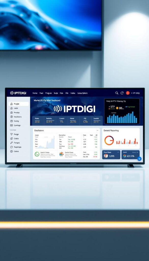 A sleek, modern web interface with the IPTVDIGI logo prominently displayed. The dashboard features intuitive controls and data visualizations, providing a comprehensive overview of the IPTV reseller panel. The interface has a clean, minimalist design with a neutral color palette, creating a professional and user-friendly experience. The layout is well-organized, with clear sections for managing subscriptions, monitoring user activity, and accessing detailed reporting. The overall atmosphere conveys a sense of efficiency, reliability, and technological sophistication, reflecting the high-quality service IPTVDIGI offers to its resellers.