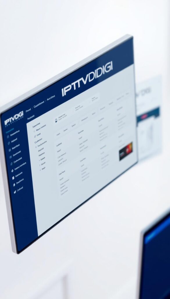 A sleek, modern web interface with the IPTVDIGI logo prominently displayed. The panel features a clean, intuitive layout with various sections for managing IPTV services, including customer accounts, channel packages, and billing. The background is a soft, neutral tone, creating a professional and sophisticated atmosphere. The overall design exudes a sense of efficiency and reliability, conveying the panel's capabilities as a powerful IPTV reseller platform.