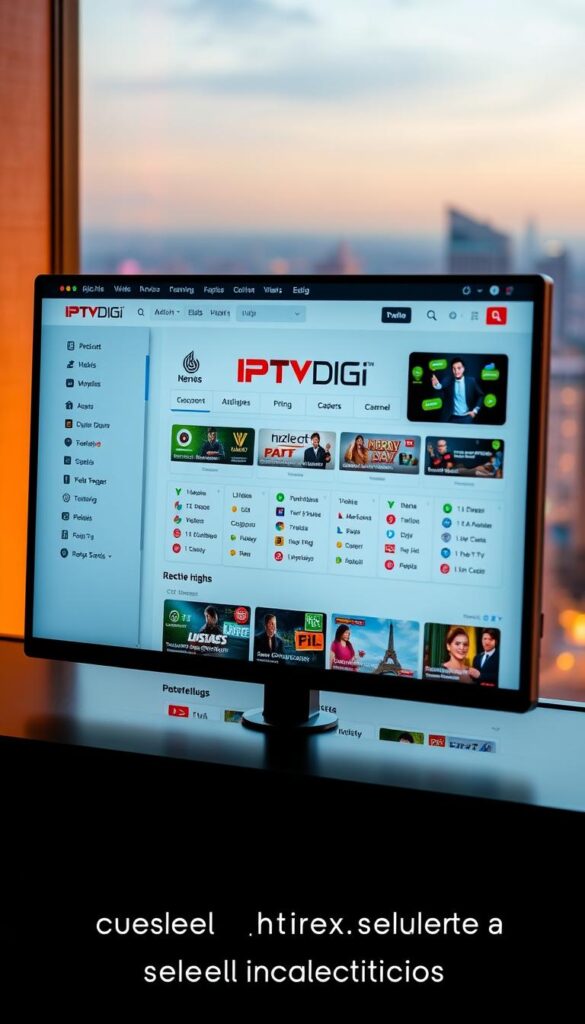 A sleek, modern web interface with the IPTVDIGI logo prominently displayed. The panel showcases various subscription options, channel lineups, and account management tools. The layout is clean and intuitive, with a balance of bold typography and subtle design elements. The background features a blurred cityscape, hinting at the global reach of the IPTV service. Warm lighting casts a professional and trustworthy atmosphere, inviting the viewer to explore the reseller capabilities of the platform.