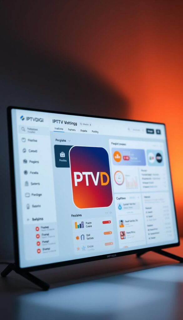 A sleek, modern web interface with the IPTVDIGI logo prominently displayed. The platform's dashboard showcases a clean and intuitive layout, featuring intuitive navigation menus, user-friendly controls, and real-time data visualizations. The background has a subtle gradient that transitions from a cool, calming blue to a warm, inviting orange, creating a sense of professionalism and innovation. Soft lighting illuminates the scene, accentuating the platform's clean lines and minimalist design. The overall impression is one of a cutting-edge, reliable IPTV reseller platform that prioritizes user experience and efficient service delivery.