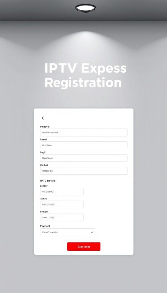 A sleek, modern web page showcasing the IPTVDIGI reseller registration process. In the center, a clean and minimalist form with fields for personal information, login credentials, and payment details. Above, a bold header in a stylish sans-serif font reading "IPTV Express Reseller Registration". The background features a subtle grid pattern in shades of gray, providing a professional and tech-savvy atmosphere. Soft, directional lighting from the top left casts gentle shadows, adding depth and dimension to the scene. The overall tone is one of efficiency, reliability, and a premium IPTV reselling experience.