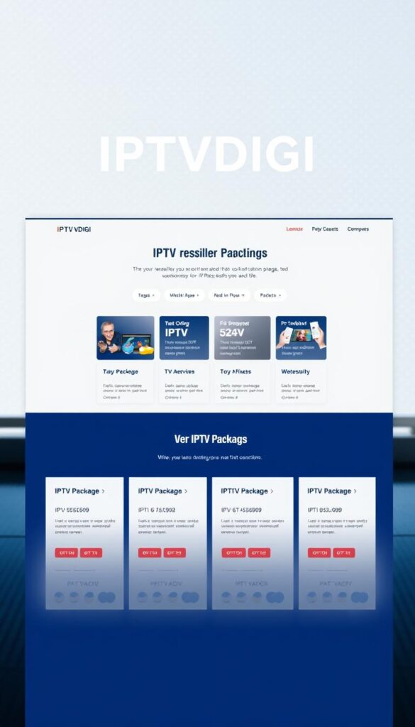 A sleek, modern website for an IPTV reseller business called "IPTVDIGI". The homepage features a hero section with a clean, responsive layout showcasing the company's IPTV offerings. The middle ground depicts a grid of various IPTV package options, each with detailed information and pricing. In the background, a subtle pattern or texture creates a professional, tech-savvy atmosphere. The lighting is bright and natural, with a slight depth of field to focus the viewer's attention. The overall aesthetic is minimalist, visually appealing, and reflects the reliable, trustworthy nature of the IPTV reseller service.