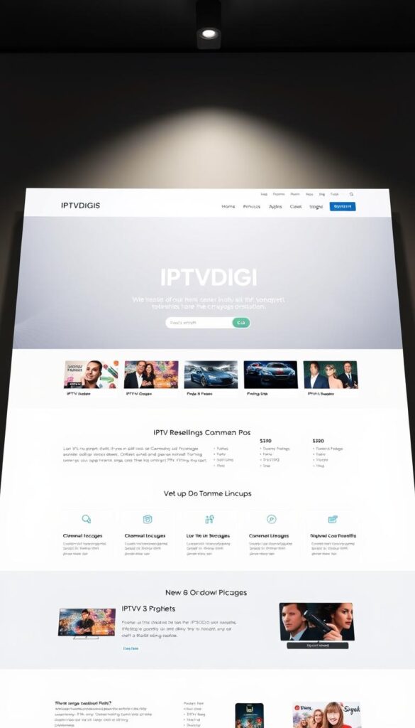A sleek, modern website interface for IPTVDIGI, an IPTV reseller platform. The homepage features a clean, minimalist design with a prominent hero section showcasing the IPTVDIGI brand name. In the middle ground, detailed information about IPTV reselling services and packages is displayed, including channel lineups, pricing, and signup options. The background depicts a subtle, elegant pattern or texture, conveying a sense of professionalism and trustworthiness. The overall mood is sophisticated, visually appealing, and optimized to attract potential IPTV resellers. The lighting is soft and directional, creating depth and highlighting key elements. The camera angle is slightly elevated, providing an inviting, user-friendly perspective.