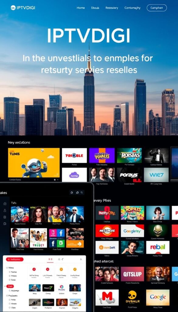 A sleek, modern website interface showcasing the IPTVDIGI brand, the leading IPTV provider for resellers. The foreground features a clean, intuitive dashboard with customizable options for resellers to manage their IPTV services. In the middle ground, a selection of popular IPTV channels and packages are displayed, highlighting the extensive content library. The background depicts a cityscape with skyscrapers, symbolizing the global reach and enterprise-level capabilities of IPTVDIGI. The overall tone is professional, sophisticated, and conveys the reliability and cutting-edge technology that IPTVDIGI offers to its reseller partners.