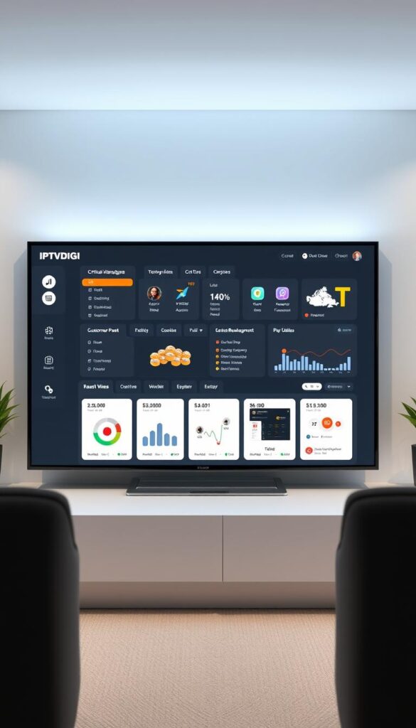 A sleek, modern white label IPTV reseller panel interface, designed by IPTVDIGI, showcases a clean and intuitive layout. The dashboard presents critical viewership analytics and customer management tools in a well-organized grid, with elegant iconography and a neutral color palette that exudes professionalism. In the foreground, a crisp, high-resolution display showcases the panel's user-friendly navigation, allowing seamless access to channel lineups, subscription management, and real-time monitoring. The middle ground features a sophisticated sidebar menu, while the background subtly incorporates the IPTVDIGI branding, conveying a sense of authority and trustworthiness. Soft, directional lighting creates depth and highlights the panel's modern, minimalist aesthetic, inviting the user to explore its powerful features.