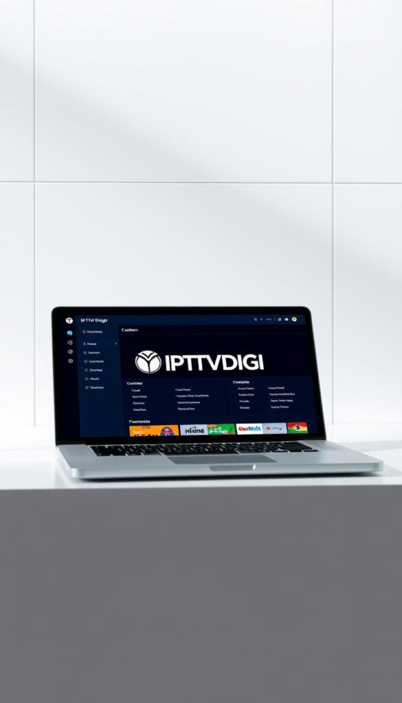 A sleek, modern white label IPTV reseller panel interface with the IPTVDIGI branding prominently displayed. The panel is showcased on a silver metallic laptop or tablet, set against a clean, minimalist background with subtle grid lines or geometric patterns. The lighting is soft and diffused, creating a professional and sophisticated atmosphere. The panel's design features a user-friendly layout with clearly labeled sections for managing subscriptions, payments, and customer information. The overall impression conveys the efficiency, reliability, and customizability of the white label IPTV reseller solution.