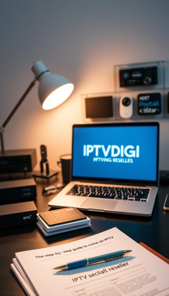 A sleek, modern workspace with a laptop displaying the IPTVDIGI logo, surrounded by a variety of IPTV-related accessories and devices. In the foreground, a stack of documents and a pen, hinting at the step-by-step guide to becoming an IPTV reseller. The lighting is soft and warm, creating a professional and inviting atmosphere. The background features a subtle grid pattern, suggesting the technical and digital nature of the IPTV industry. The overall composition conveys a sense of expertise, organization, and the resources needed to succeed as an IPTV reseller.