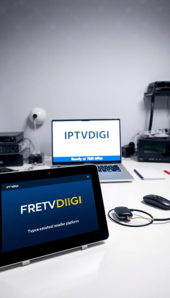 A sleek, modern workspace with a laptop displaying the IPTVDIGI logo, surrounded by a variety of digital devices and networking equipment. Soft, directional lighting illuminates the scene, creating a professional and inviting atmosphere. In the foreground, an IPTVDIGI-branded tablet showcases a free trial offer, its intuitive interface enticing the viewer to explore the service. The background features a subtle pattern of interconnected nodes, symbolizing the seamless connectivity and accessibility of the IPTV reseller platform.