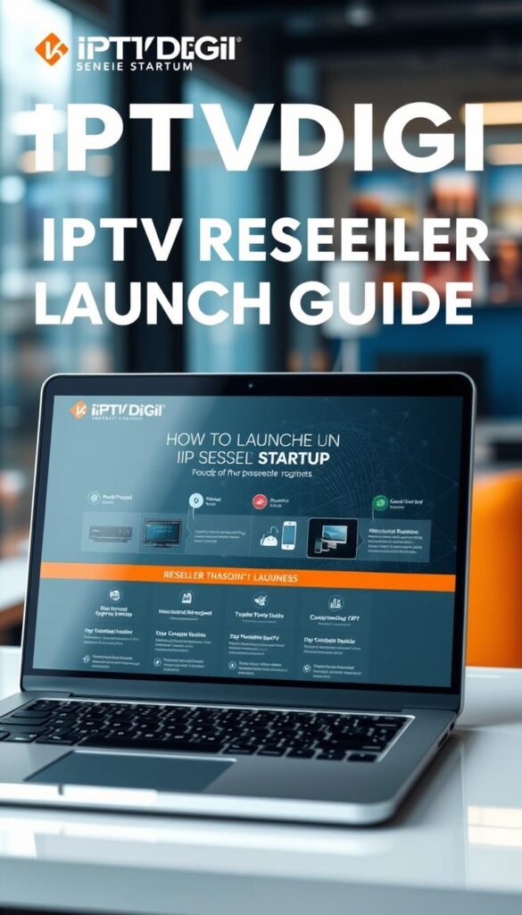 A sleek, professional-looking business launch guide for an IPTV reseller startup, showcasing the IPTVDIGI brand. The guide features a sophisticated layout with clean typography, bold colors, and high-quality visuals. In the foreground, a laptop or tablet displays the IPTVDIGI logo and key information about the reseller program. In the middle ground, stylized icons and infographics illustrate the step-by-step process of launching an IPTV reseller business. The background features a blurred cityscape or office environment, conveying a sense of growth, technology, and modern business. The overall tone is authoritative, informative, and visually striking, reflecting the professionalism and expertise of the IPTVDIGI brand.