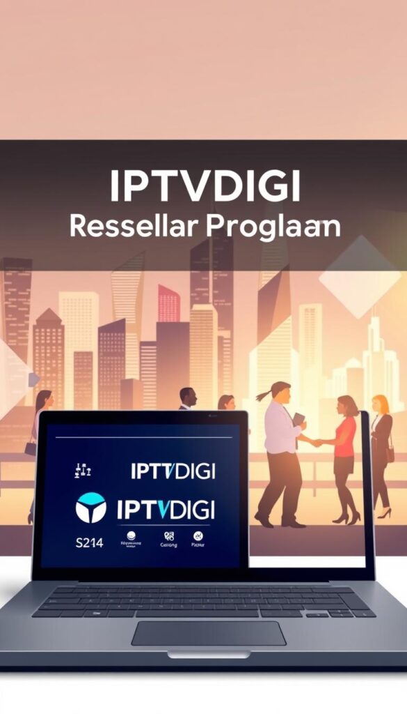 A sleek, professional-looking illustration showcasing the IPTVDIGI reseller program. In the foreground, a stylized laptop or tablet displays the IPTVDIGI logo and interface, surrounded by icons and graphics representing the program's features and benefits. In the middle ground, a diverse group of people, representing potential resellers, are engaged in discussions and transactions. The background depicts a vibrant cityscape, conveying a sense of global connectivity and opportunity. The lighting is soft and warm, creating a welcoming and aspirational atmosphere. The overall composition is balanced and visually compelling, highlighting the professionalism and appeal of the IPTVDIGI reseller program.