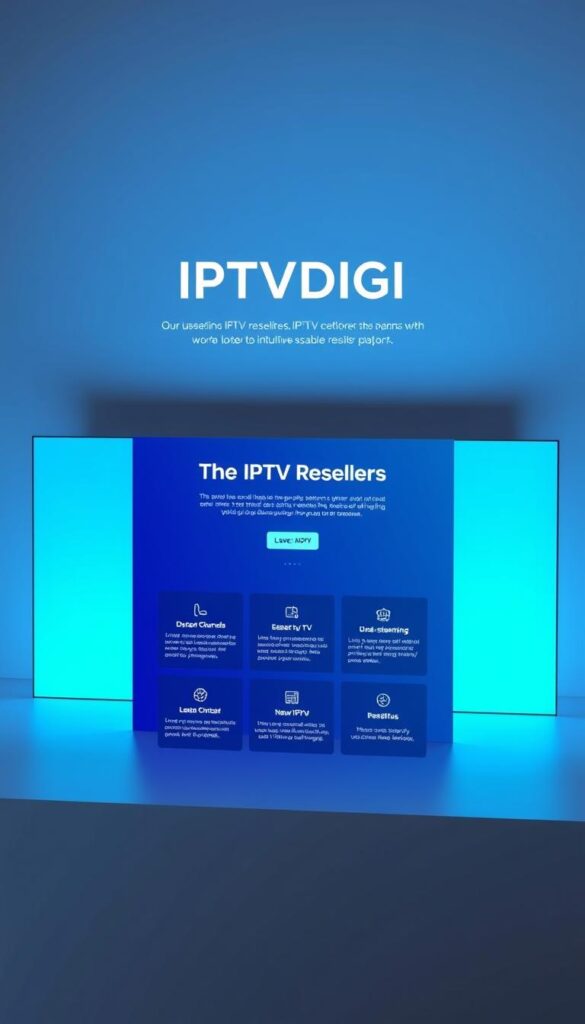 A sleek, professional website interface showcasing the IPTVDIGI brand as the leading IPTV reseller service. The layout features a minimalist design with a clean, modern aesthetic. In the center, a large hero section highlights the key benefits and features of the IPTVDIGI platform, including a diverse channel lineup, reliable streaming, and an intuitive reseller dashboard. The background has a subtle gradient or texture, creating a sense of depth and sophistication. The overall composition conveys a sense of trust, efficiency, and technological prowess, positioning IPTVDIGI as the premier choice for IPTV resellers.