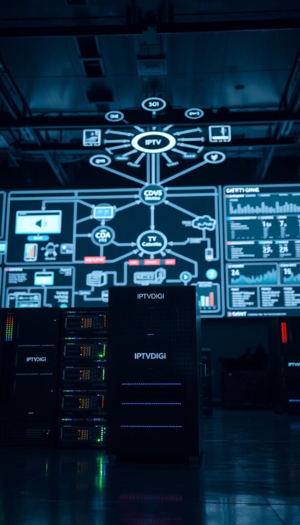 A sprawling IPTV reseller infrastructure, bathed in a cool, minimalist aesthetic. In the foreground, a sleek server rack adorned with the IPTVDIGI logo, its blinking lights and neatly organized cables conveying a sense of efficiency. In the middle ground, a network diagram unfurls, illustrating the interconnected systems that power the IPTV operation - content acquisition, transcoding, CDN, and customer management. The background is dominated by a large display, showcasing real-time analytics and performance metrics, conveying the scale and complexity of the reseller's business. Subtle lighting casts dramatic shadows, creating depth and a sense of technical sophistication. The overall scene exudes a refined, professional atmosphere, reflecting the essential infrastructure required for a successful IPTV reseller.