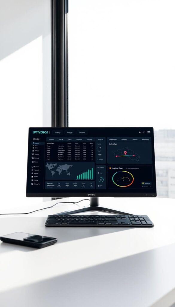 A state-of-the-art IPTVDIGI geo IPTV reseller panel displayed on a sleek, modern desktop computer. The panel's intuitive interface showcases detailed geo-location data, channel lineups, and real-time viewership analytics in a minimalist, high-contrast design. Crisp, natural lighting from a large window illuminates the setup, casting soft shadows and highlights that accentuate the panel's clean aesthetic. The overall scene conveys a sense of professionalism, efficiency, and technological sophistication - key attributes for a geo IPTV reseller service.