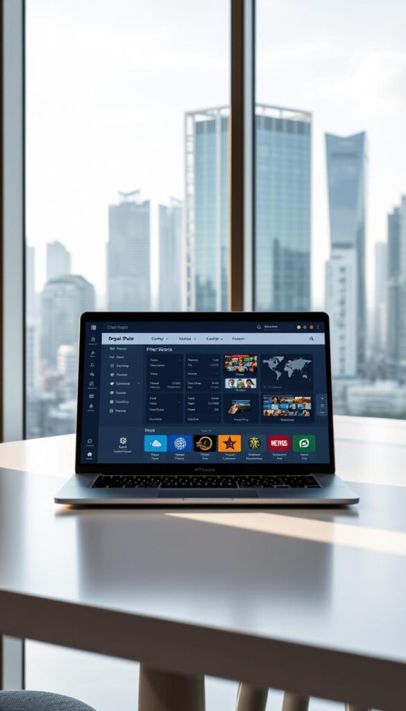 A state-of-the-art IPTVDIGI reseller technology control panel displayed on a modern sleek laptop in a minimalist office setting. Soft natural lighting illuminates the display, showcasing its intuitive interface and powerful features. In the background, a large window overlooks a bustling city skyline, symbolizing the global reach and connectivity of the IPTV reseller platform. The overall scene conveys a sense of efficiency, innovation, and the future of on-demand video streaming technology.