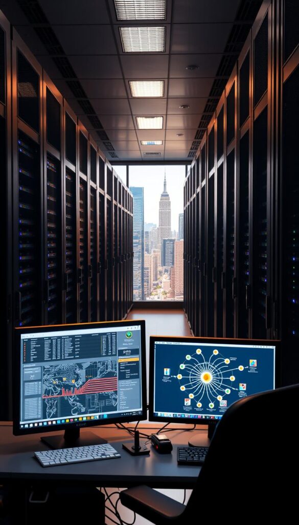 A state-of-the-art data center with rows of server racks, blinking lights, and a sleek, modern design. In the foreground, a workstation with multiple monitors displays a detailed network diagram, showcasing the infrastructure of the IPTVDIGI IPTV reseller business. Soft, directional lighting illuminates the scene, creating a professional and technical atmosphere. The background features a large window overlooking a bustling city skyline, conveying the global reach and scale of the IPTV operation. The overall scene exudes a sense of technological sophistication and efficiency, reflecting the robust infrastructure required to support a successful IPTV reseller business.