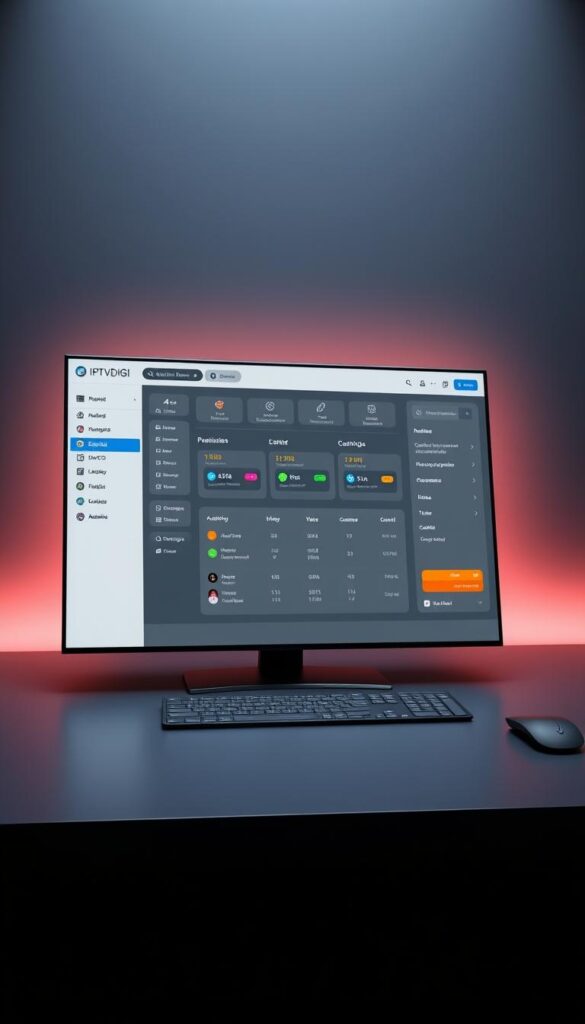 A stylish and intuitive IPTVDIGI panel displayed on a sleek, dark gray desktop. The panel showcases a clean, modern user interface with clear sections for managing customer accounts, including options for adding new users, setting permissions, and monitoring activity. Subtle lighting accentuates the panel's sophisticated design, creating a professional and functional atmosphere. The layout is well-organized, with easy-to-navigate menus and data visualizations providing a comprehensive overview of the reseller's account management capabilities.